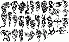 Chinese Dragons Tribal Tattoo Set Free Vector, Free Vectors File