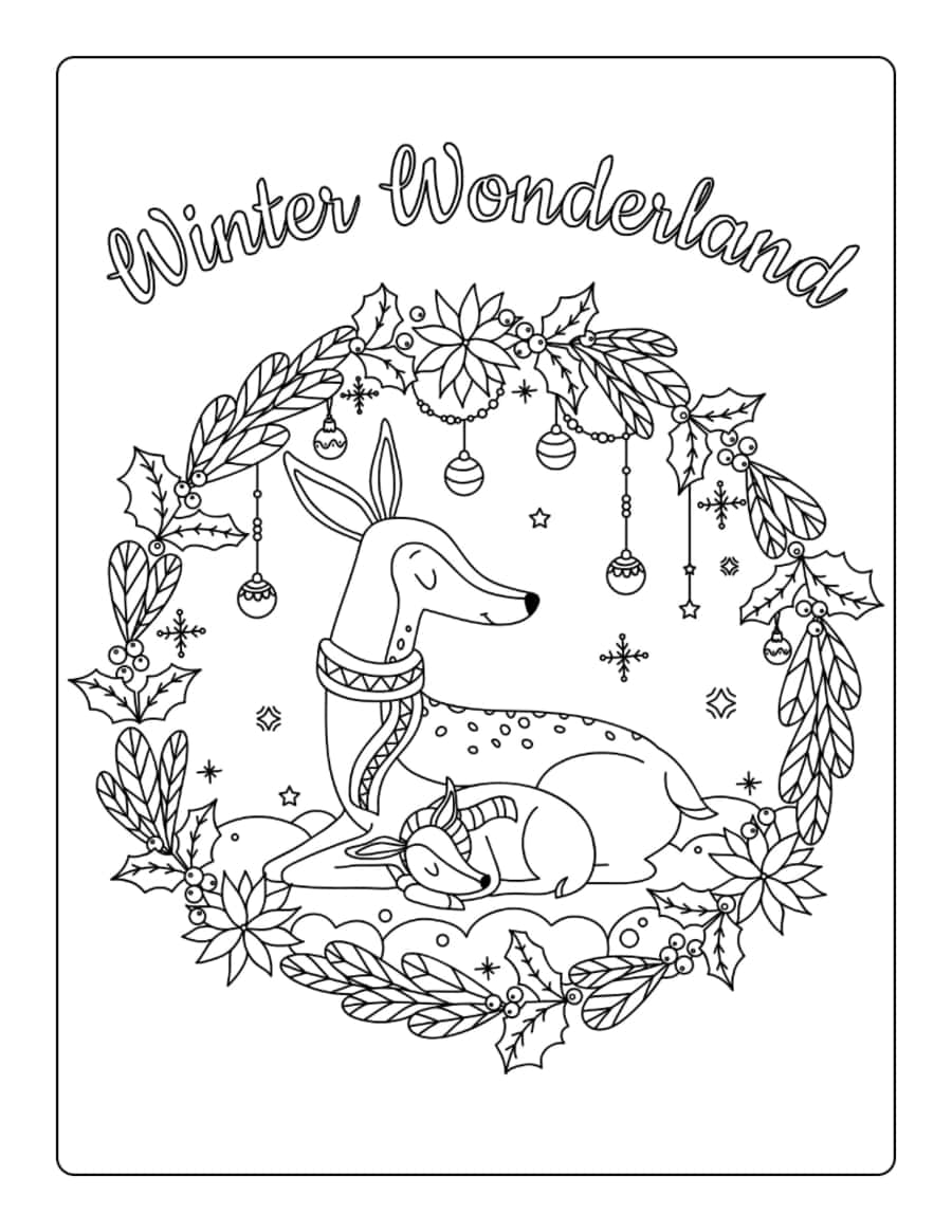 Winter Wonderland Mother Baby Deer Coloring PDF Free Vectors