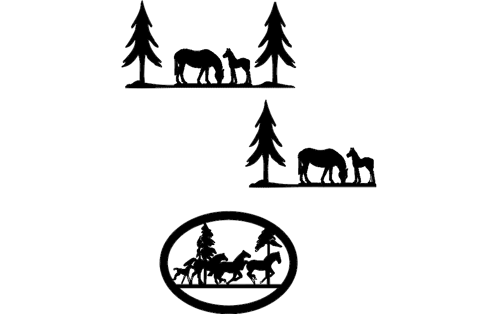 Horses Pine Trees DXF File Free Vectors